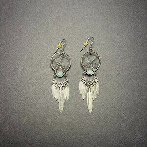 Beautiful Boho Silver Tone Dream Catcher w/ Metal Feathers Dangle Earrings 3"